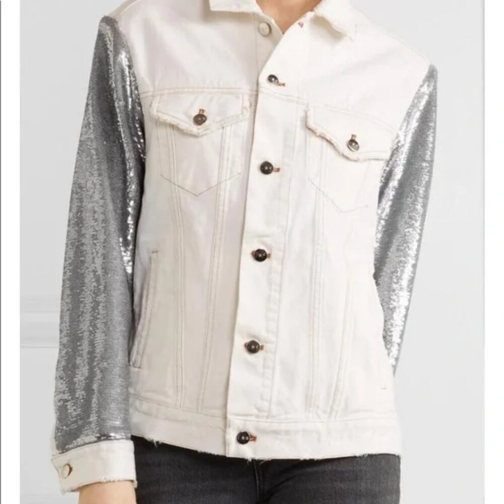Women Iro Nanopo Rare White Silver Sequined Denim Button-Up Jacket 36 US/S - Picture 2 of 12